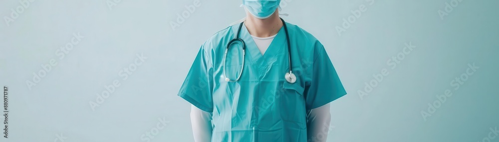 A doctor in blue uniform and mask looking at the camera. A doctor in blue uniform and mask looking at the camera.