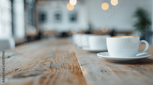 This image shows a row of white coffee cups set on a rustic wooden table in a softly lit cafe, creating a warm and inviting ambiance perfect for a cozy gathering.