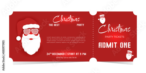 Christmas party ticket template with cool santa on red background. Vector design of 2025 isolated template.