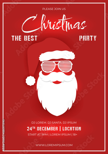 Merry Christmas party invitation template with a cool  Santa Claus for flyer and brochure designs on a red background for an invitation-themed concept. Happy holiday greeting banner and card template.