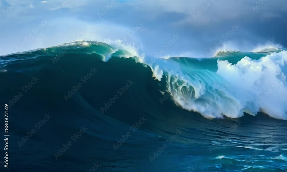 Pure blue Ocean water waves with light reflections at Slow motion, Powerful storm on the sea
