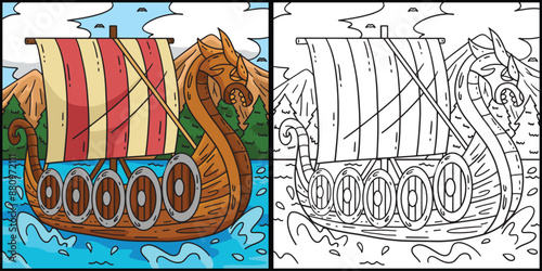 Viking Ship Coloring Page Colored Illustration