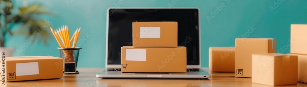 A laptop sits on a desk, displaying an e-commerce website. To the right of the laptop are several cardboard boxes, ready to be shipped. A laptop sits on a desk, displaying an e-commerce website. To the right of the laptop are several cardboard boxes, ready to be shipped.