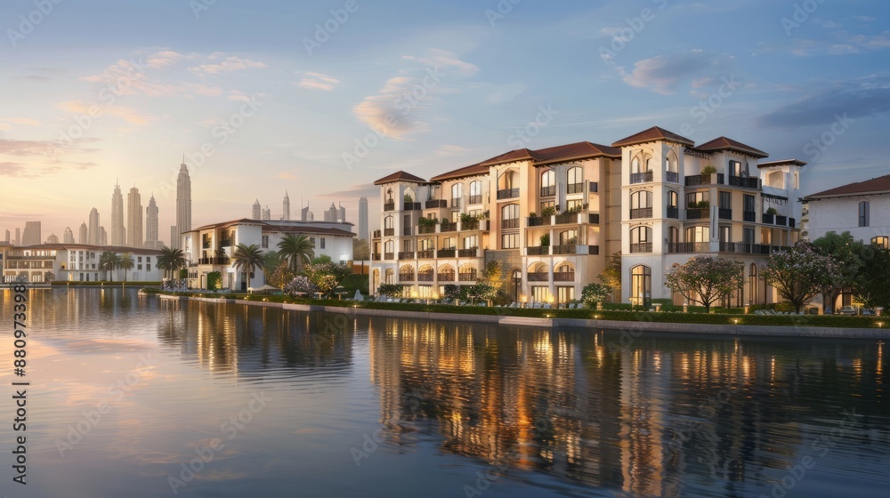 Modern Waterfront Residences with High-Rise City Skyline Reflection Modern Waterfront Residences with High-Rise City Skyline Reflection