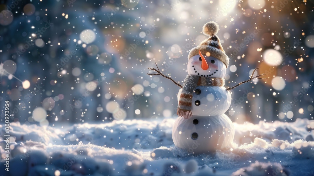 a snowman standing in the middle of a field of snow with a setting sun in the background a snowman standing in the middle of a field of snow with a setting sun in the background