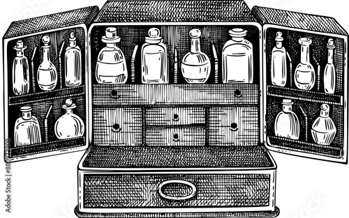 Antique apothecary box sketch. Witchcraft vector illustration. Vintage Halloween icon