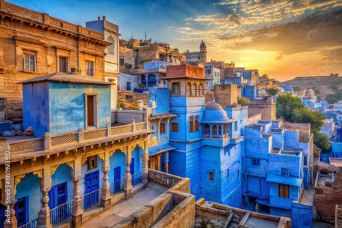 Vibrant blue buildings with intricate architecture line the narrow streets of Jodhpur's ancient old town, showcasing India's stunning cultural heritage in warm golden light. photo