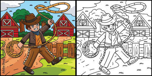 Cowboy with Lasso Coloring Page Illustration