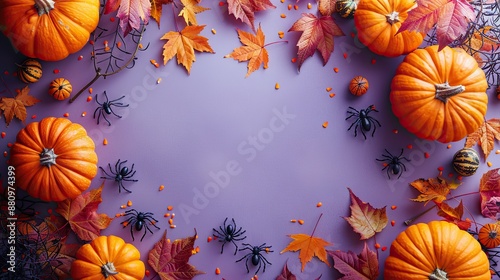 happy halloween flat lay composition,pumpkins skeleton hands orange maple leaves ghosts spiders on purple background