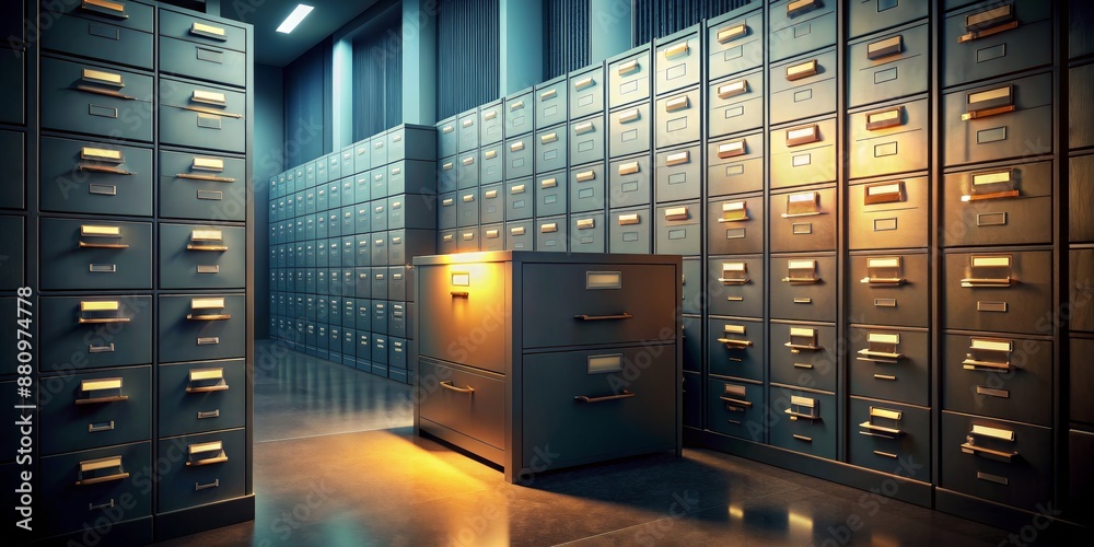 A Single Drawer Awaits, 3D Rendered, Glowing Cabinet, Dark Room, Metal Drawers, Archive, Storage A Single Drawer Awaits, 3D Rendered, Glowing Cabinet, Dark Room, Metal Drawers, Archive, Storage