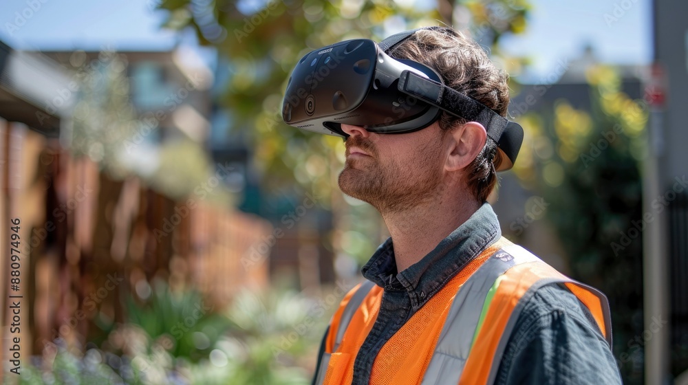 An engineer conducting a virtual site visit using a VR headset, remotely inspecting the construction progress and quality. An engineer conducting a virtual site visit using a VR headset, remotely inspecting the construction progress and quality.