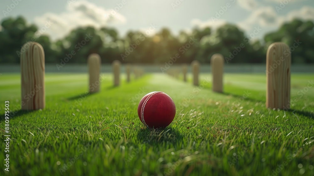 Naklejka premium Cricket ball on field near knocked stumps with blank area