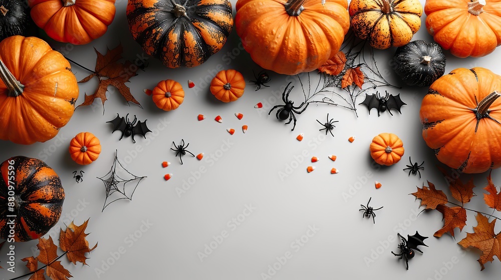 happy halloween holiday concept flat lay composition,pumpkins bats spiders web on white desk minimal style halloween frame banner design