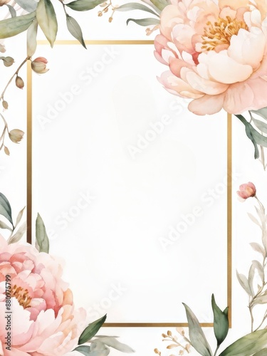 Postcard, letterhead with pink peonies on white with pink background and rectangular frame, invitation card for wedding, celebration, template, watercolor style