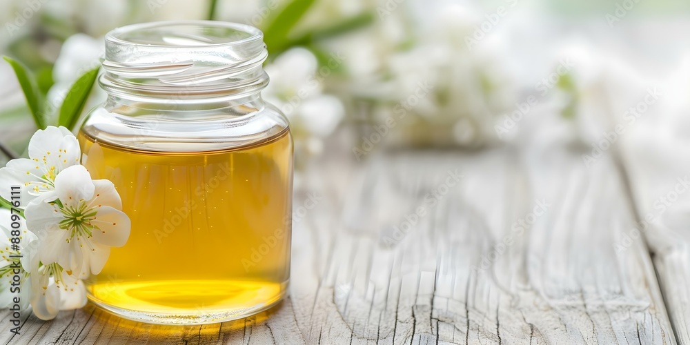 Glass jar of honey on wooden table with flowers - a natural sweetener. Concept Food Photography, Honey, Sweetener, Wooden Table, Glass Jar Glass jar of honey on wooden table with flowers - a natural sweetener. Concept Food Photography, Honey, Sweetener, Wooden Table, Glass Jar