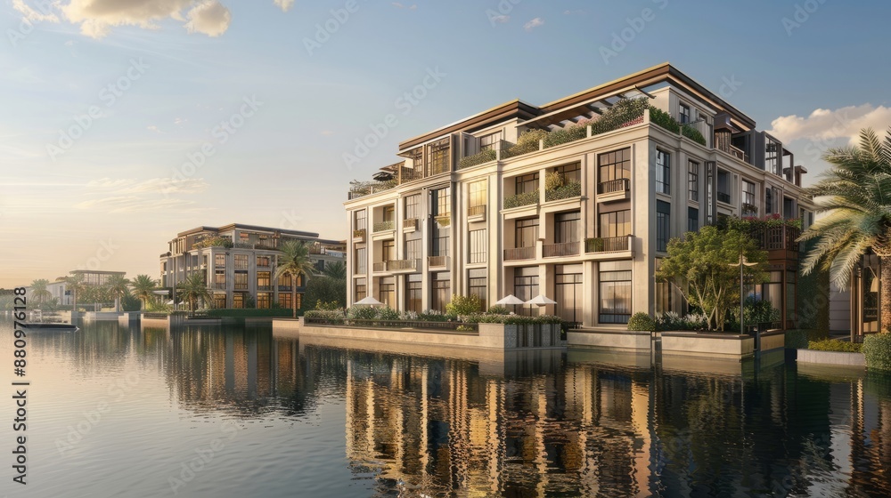 Fototapeta premium Modern Waterfront Apartments with Serene Reflections at Sunset