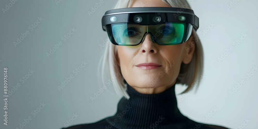 Embracing Virtual Reality Woman using AR glasses. Concept Virtual Reality, Augmented Reality, Woman, AR Glasses, Technology Embracing Virtual Reality Woman using AR glasses. Concept Virtual Reality, Augmented Reality, Woman, AR Glasses, Technology
