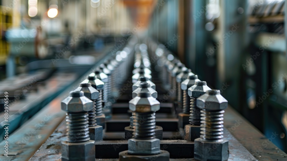 Row of metal bolts on steel factory floor for industrial background Row of metal bolts on steel factory floor for industrial background