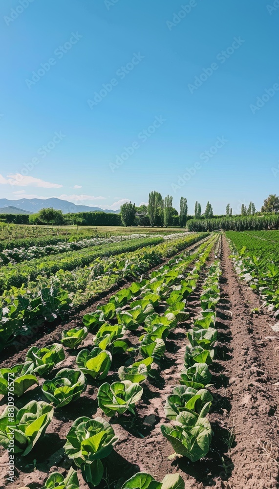 Thriving Organic Vegetable Rows Under Clear Blue Sky - Ideal for Agricultural Design, Posters, or Blogs Thriving Organic Vegetable Rows Under Clear Blue Sky - Ideal for Agricultural Design, Posters, or Blogs