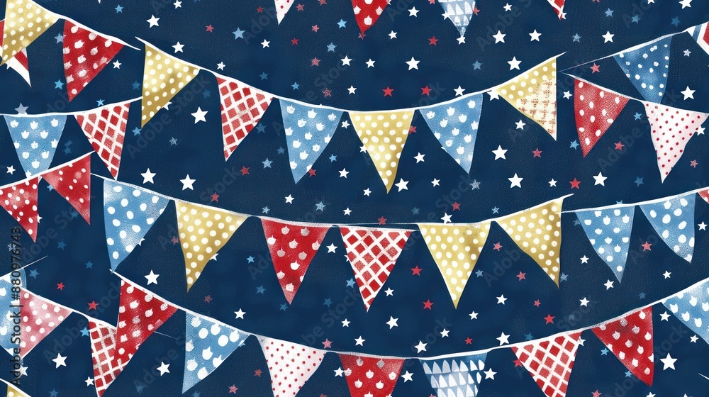 Fototapeta premium Festive Bunting Pattern with Blue, Red, and Yellow Triangles