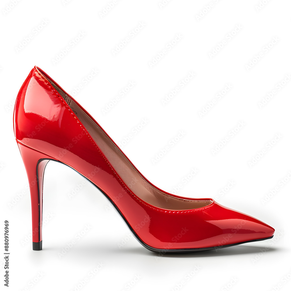 Side view of a single red women's high-heeled pump shoe isolated on a white background Side view of a single red women's high-heeled pump shoe isolated on a white background