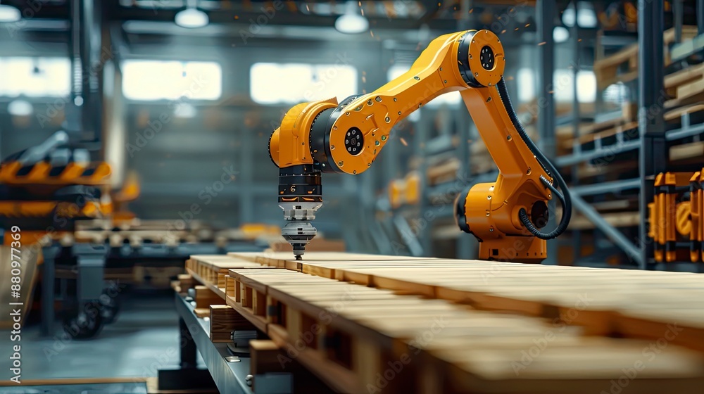 A detailed shot of a robotic arm assembling prefabricated building components with high precision. A detailed shot of a robotic arm assembling prefabricated building components with high precision.