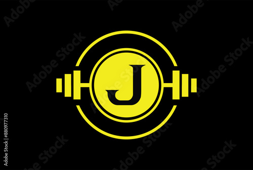 J Logo With barbell. Fitness Gym logo. fitness vector logo design for gym and fitness	
