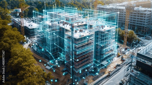 A construction site with advanced environmental monitoring systems to ensure compliance with sustainability standards.