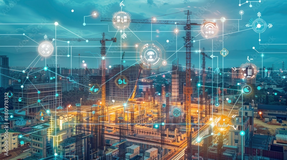 Obraz premium A construction site utilizing smart logistics systems for efficient material delivery and inventory management.
