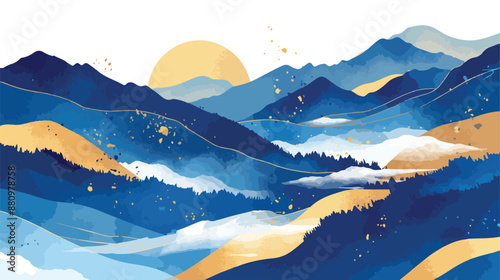 Blue mountain and golden line arts background vector