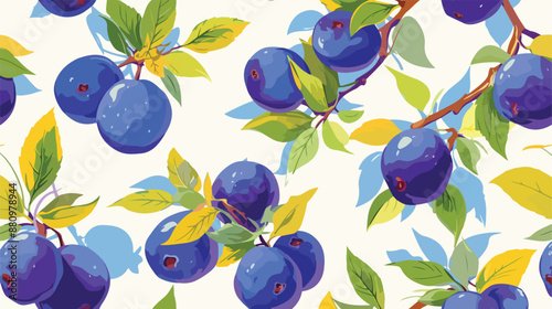 Blue plum fruits with green leaves vector seamless 