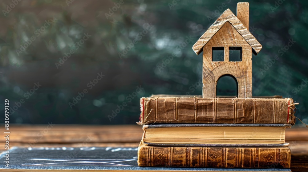 A small decorative house, a stack of textbooks, and a blackboard with space for text represent the idea of home education. A small decorative house, a stack of textbooks, and a blackboard with space for text represent the idea of home education.