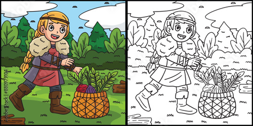 Viking Basket of Harvest Coloring Illustration