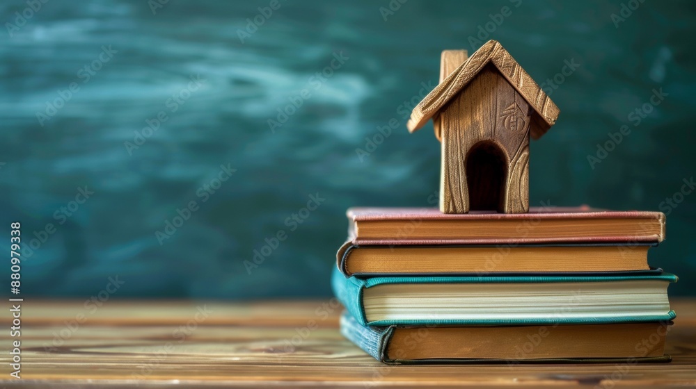 A small decorative house, a stack of textbooks, and a blackboard with space for text represent the idea of home education. A small decorative house, a stack of textbooks, and a blackboard with space for text represent the idea of home education.
