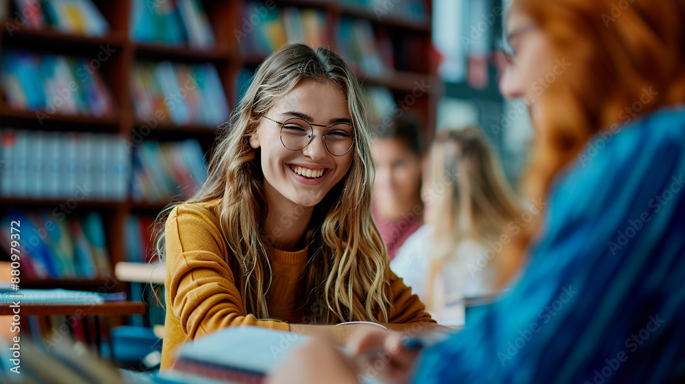 Friendly teenage girl, happy young woman, college student, studying, gaining knowledge in university library. Friendly teenage girl, happy young woman, college student, studying, gaining knowledge in university library.