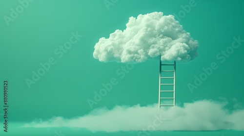 Step ladder leading to clouds. Stairway to the cloud on a green background