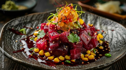 The national cuisine of Japan. Beetroot sashimi with corn salad and honey mustard dressing. photo