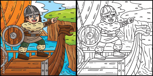 Viking Navigating Coloring Page Colored Illustration