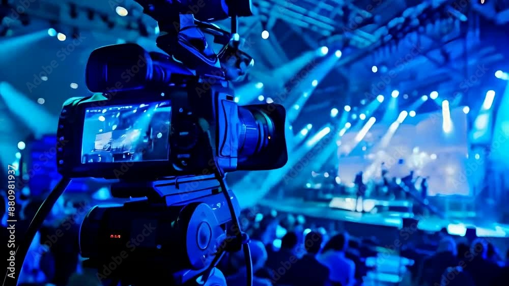 Professional video camera capturing concert performance. Blurred background