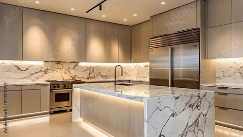 Kitchen interior in luxury style with marble table tops and sleek stainless steel appliances