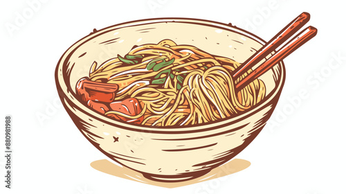 Bowl of noodles with pair chopsticks. Drawn in chalk