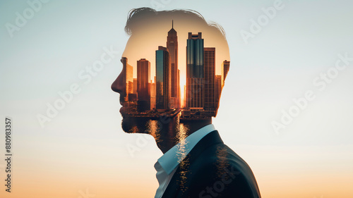 Double exposure of businessman during sunset overlay with cityscape and river, modern business world and city life, business and success concept.