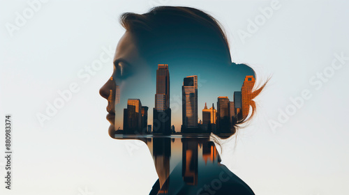 Double exposure of businesswoman during sunset overlay with cityscape and river, modern business world and city life.