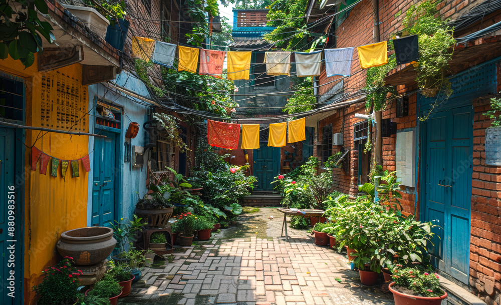 Fototapeta premium Colorful Alleyway in Asia. A narrow alleyway with brick walls, vibrant blue doors