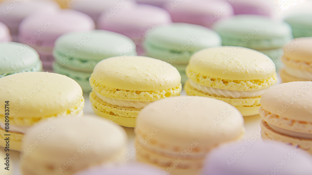 Obraz premium A close-up of various sweet colorful macarons stacked together on white background