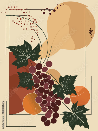 Collection of abstract wine-themed autumn illustrations, perfect for wine festivals and seasonal posters. Includes various frames for text with vibrant colors and intricate designs.