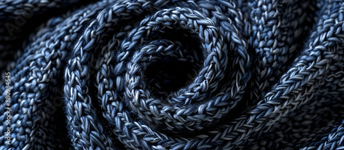 High-resolution image of the soft texture of fleece fabric.A tight close-up of a blue rope against a black backdrop The rope features a knot in the center, slightly blurred, while a circular knot lies