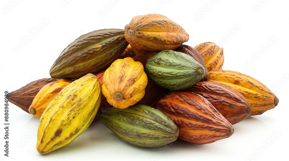 close up side view on cocoa pod pile heap on white background close up side view on cocoa pod pile heap on white background