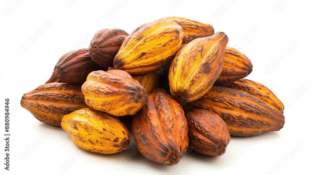 close up side view on cocoa pod pile heap on white background close up side view on cocoa pod pile heap on white background
