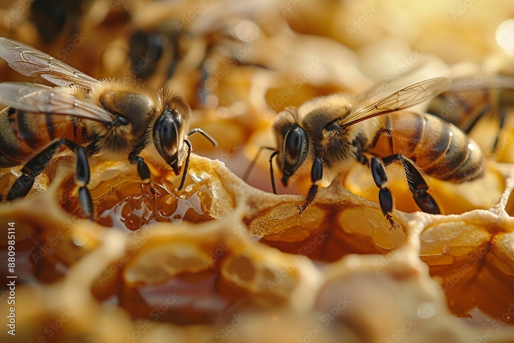 Naklejka premium Detailed View of Bees Working on Honeycomb Filled with Fresh Honey. Generative AI